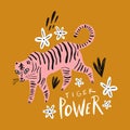 Vector cute childish animal, baby illustration, bengal tiger comic cartoon style art, stripes pattern. Hand drawn lettering print Royalty Free Stock Photo