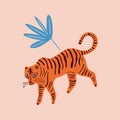Vector cute childish animal, baby illustration, bengal tiger comic cartoon style art, stripes pattern. Hand drawn print for Royalty Free Stock Photo