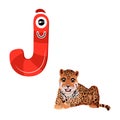 Vector Cute Childish Cartoon English Alphabet. Letter J With Jaguar. The Letter Like Little Monster. Flat style. Vector Royalty Free Stock Photo