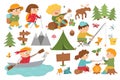 Vector cute children doing summer camp activities. Kids hiking, fishing, rafting, eating marshmallow and sausage by the fire and