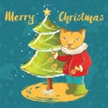 Vector cute christmas card with cat and christmas tree