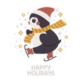 Vector cute Christmas card with skating Penguin, gifts, santa claus hat, stars, scarf. Happy Holidays