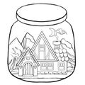 Vector cute christmas fairy europe tale town doodle in magic jar.Hand drawn line illustration Royalty Free Stock Photo