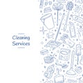 Vector cute cleaning hand drawn doodle elements background with place for text. Bucket, brush, dish, gloves, detergents