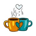 Vector cute coffee or tea cups with steam that forms the symbol of love. Hand drawn illustration in doodle style. Colorful art Royalty Free Stock Photo