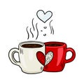 Vector cute coffee or tea cups with steam that forms the symbol of love. Hand drawn illustration in doodle style. Colorful art Royalty Free Stock Photo