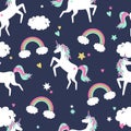 Vector cute seamless pattern with unicorns, rainbows and clouds