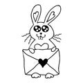 Vector cute contour bunny with love letter. Hand drawn doodle. Simple design element, clip art