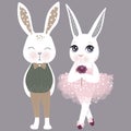 Vector cute couple bunnies. Girl and boy. Happy Easter illustrat