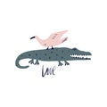 Vector cute crocodile and bird friendship concept. Wild safari African animals. Funny cartoon doodle characters in scandinavian