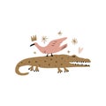 Vector cute crocodile and bird friendship concept. Wild safari African animals. Funny cartoon doodle characters in scandinavian