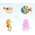 Vector cute different sea and ocean animals set. Colorful fish, seahorse, jellyfish, blowfish.