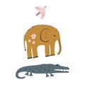 Vector cute elephant, crocodile and bird friendship concept. Wild safari African animals. Funny cartoon doodle characters in