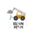 vector cute excavator and vroom text