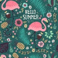 Vector cute flamingo with tropical fruits, plants and flowers. Seamless pattern Royalty Free Stock Photo