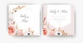 Vector cute floral autumn wedding invite card template set. Lush fall leaves, blush peach pink and ivory roses, white anemone Royalty Free Stock Photo