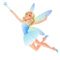 Vector cute flying blue tooth fairy with magic wand. Royalty Free Stock Photo