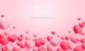 Vector cute flying pink hearts background. Glossy realistic 3d render heart balloons on soft gradient pink background