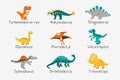 Vector Cute and Funny Flat Dinosaurs with Titles - T-rex, Stegosaurus, Velociraptor, Pterodactyl, Brachiosaurus