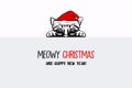 Vector Cute Funny Hiding Peeping Kitten, Cat, Kitty with Santa Hat, Line Art. Kitten with Banner Design Template for New