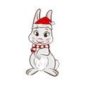 Vector Cute Funny Rabbit, Hare with Santa Hat and Scarf, Line Art. Bunny Icon, Design Template for Oriental Chinese New