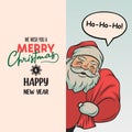 Vector Cute Funny Smiling Santa Claus with Sack Peeking Out From Behind a Banner, Signboard. Holiday Greeting Card with Royalty Free Stock Photo