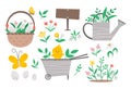 Vector cute garden and Easter icons pack. Wheel barrow, watering can, eggs, first flowers and plants isolated on white background Royalty Free Stock Photo