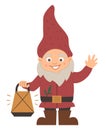 Vector cute garden gnome. Funny dwarf with lantern isolated on white background.