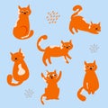Vector cute ginger cat character, walking, running, looking, stretching, wondering, thinking, happy and sad mood.