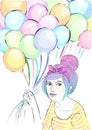 vector cute girl with balloons