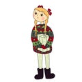 Vector cute girl in christmas sweater with a gift box in hands isolted on a white background.