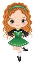 Vector Cute Girl Dancing Irish Dance in Traditional Celtic Dress