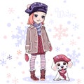 Vector cute girl with dog