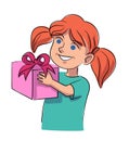 Vector cute girl getting gift isolated on white