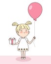Vector of cute girl with gift box and balloon. Valentine`s concept Royalty Free Stock Photo