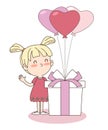 Vector of cute girl with gift box and heart balloons. Valentine`s concept Royalty Free Stock Photo