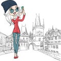 Vector cute girl makes selfie in Prague Royalty Free Stock Photo