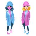 Vector cute girls in warm coats