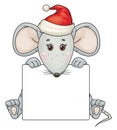 Vector cute, grey  mouse  cartoon in Christmas hat sitting behind by blank. Royalty Free Stock Photo