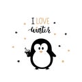 Vector cute hand drawn black Penguin and hand lettering I love winter isolated on white background.