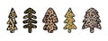 Vector cute hand drawn Christmas trees set with leopard print texture. Doodle spruce stylized wild animal cheetah skin