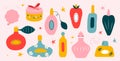 Vector cute hand drawn illustration - a set of various perfumes, bottles, aromas in retro style