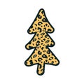 Vector cute hand drawn leopard print textured Christmas tree. Doodle spruce stylized wild animal yellow cheetah skin