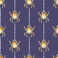 Vector Cute Hanging Spiders on Purple seamless pattern background. Perfect for fabric, scrapbooking and wallpaper