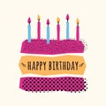 Vector cute Happy Birthday card with cake, candles Royalty Free Stock Photo