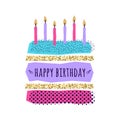 Vector cute Happy Birthday card with cake, candles Royalty Free Stock Photo