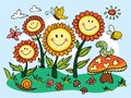 Vector cute happy cheeky smiley flowers horizontal with mushroom illustration. Perfect for greeting cards