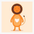 Vector cute happy flat wild animal lion with white heart on chest and long tail