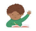 Vector cute happy schoolboy with hand up. Elementary school classroom illustration. Clever dark skinned kid at the lesson. Boy
