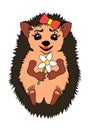 Vector cute hedgehog standing and smilling with flower